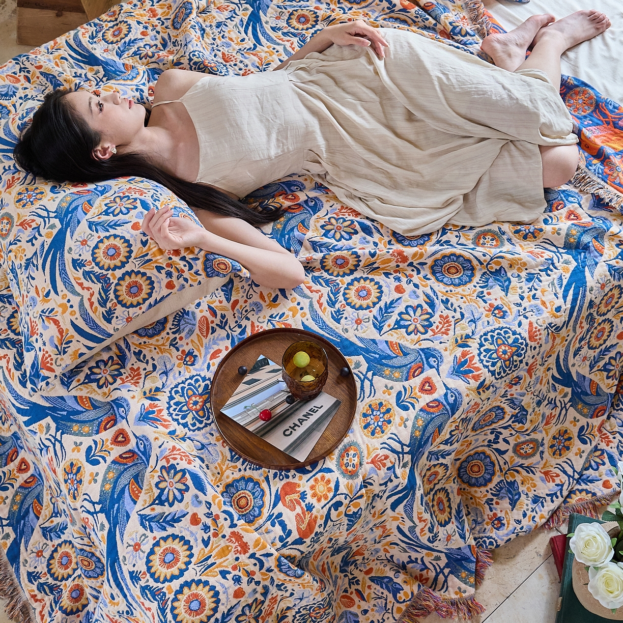 91家纺网 家纺一手货源 找家纺 沐瑟家纺 2025新款亲肤柔软全棉纱布中国风盖毯毯子 比翼鸟