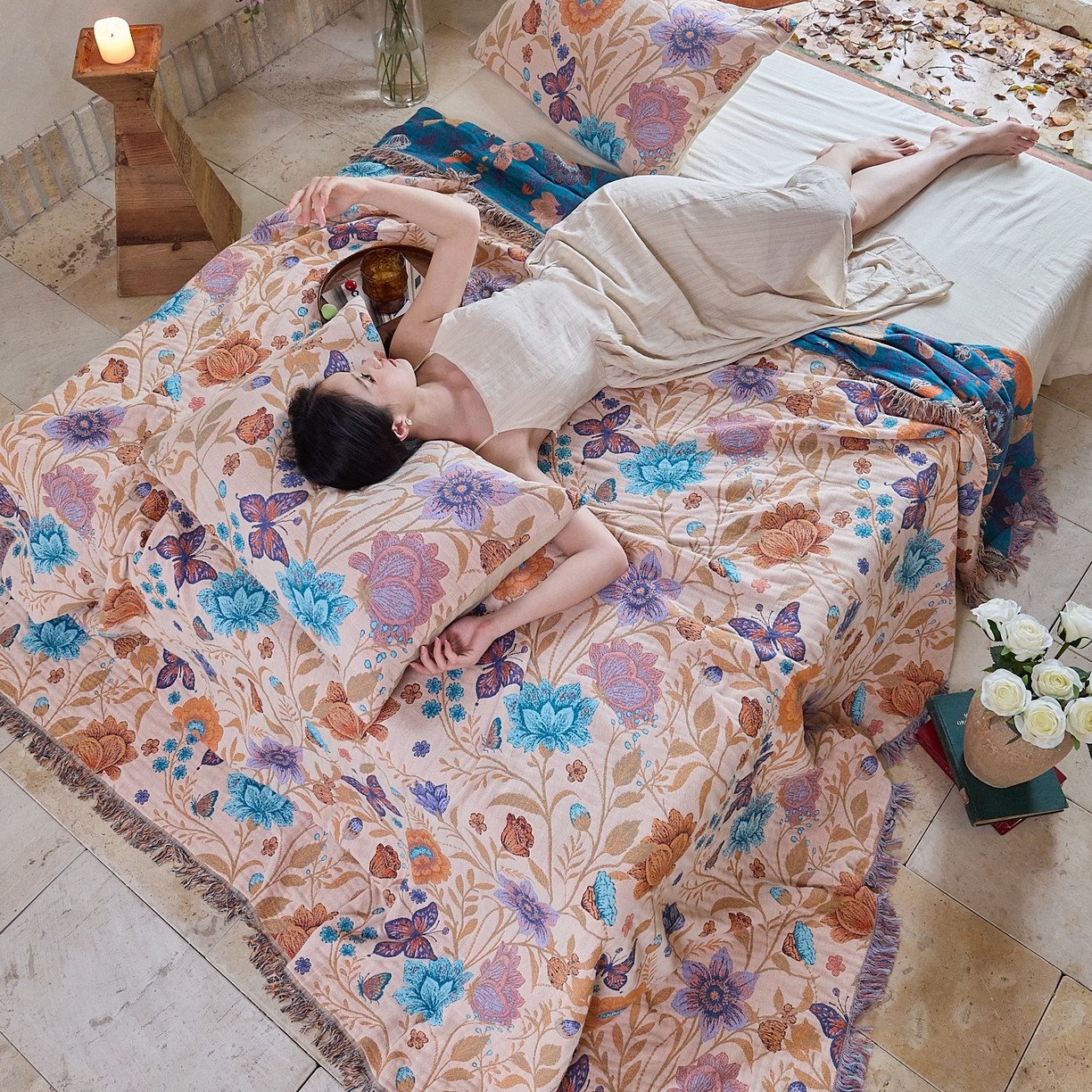 91家纺网 家纺一手货源 找家纺 沐瑟家纺 2025新款亲肤柔软全棉纱布中国风盖毯毯子 花蝶-米