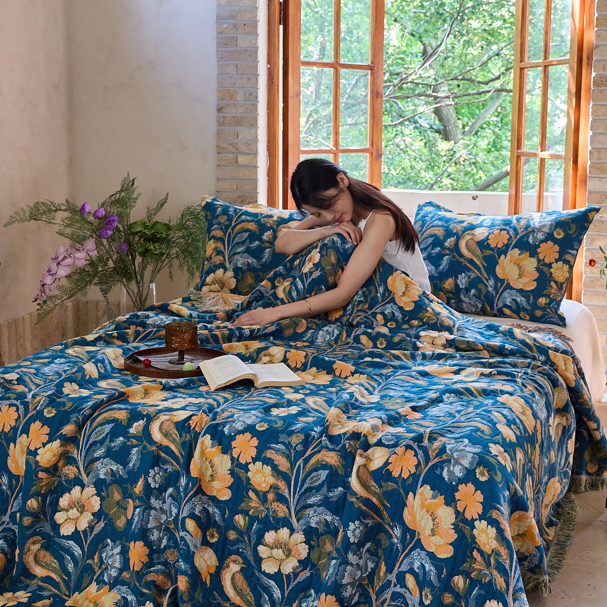 91家纺网 家纺一手货源 找家纺 沐瑟家纺 2025新款亲肤柔软全棉纱布中国风盖毯毯子 翠影鸟-蓝色