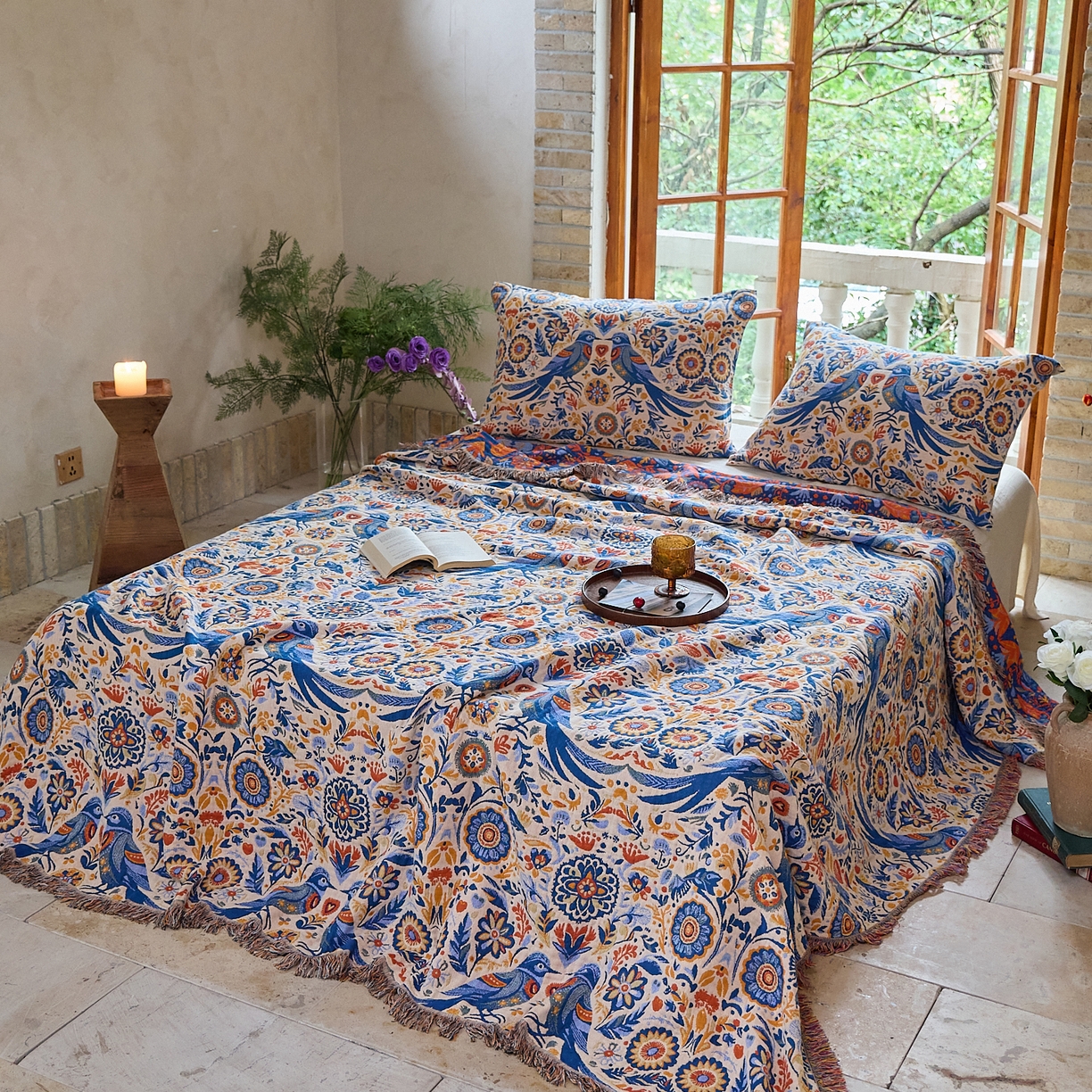 91家纺网 家纺一手货源 找家纺 沐瑟家纺 2025新款亲肤柔软全棉纱布中国风盖毯毯子 比翼鸟