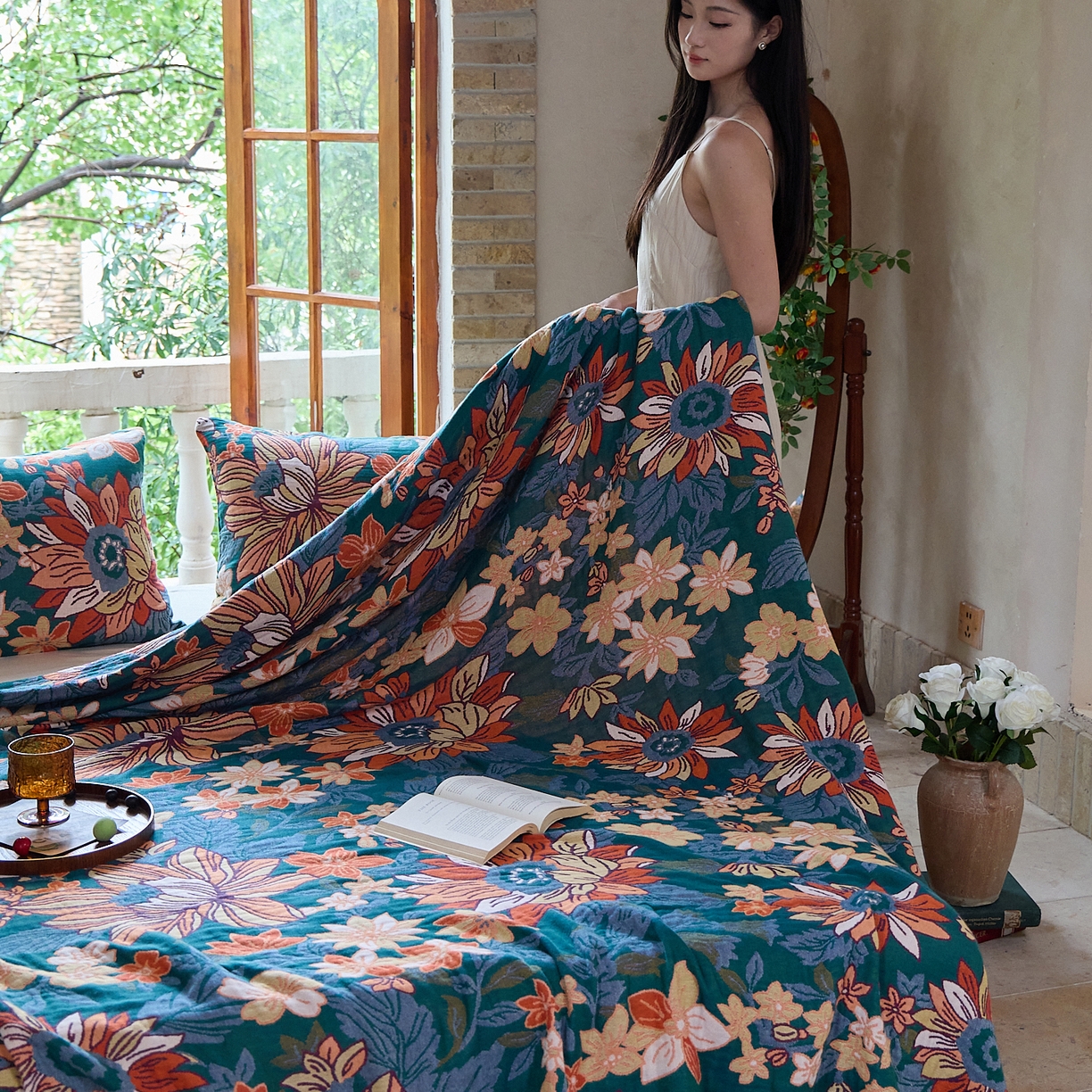 91家纺网 家纺一手货源 找家纺 沐瑟家纺 2025新款亲肤柔软全棉纱布中国风盖毯毯子 花想容