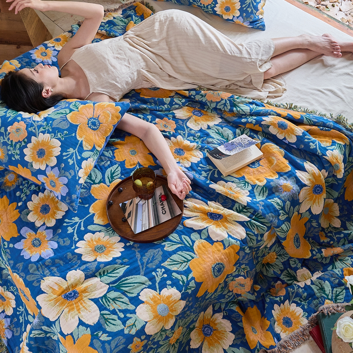 91家纺网 家纺一手货源 找家纺 沐瑟家纺 2025新款亲肤柔软全棉纱布中国风盖毯毯子 百花集