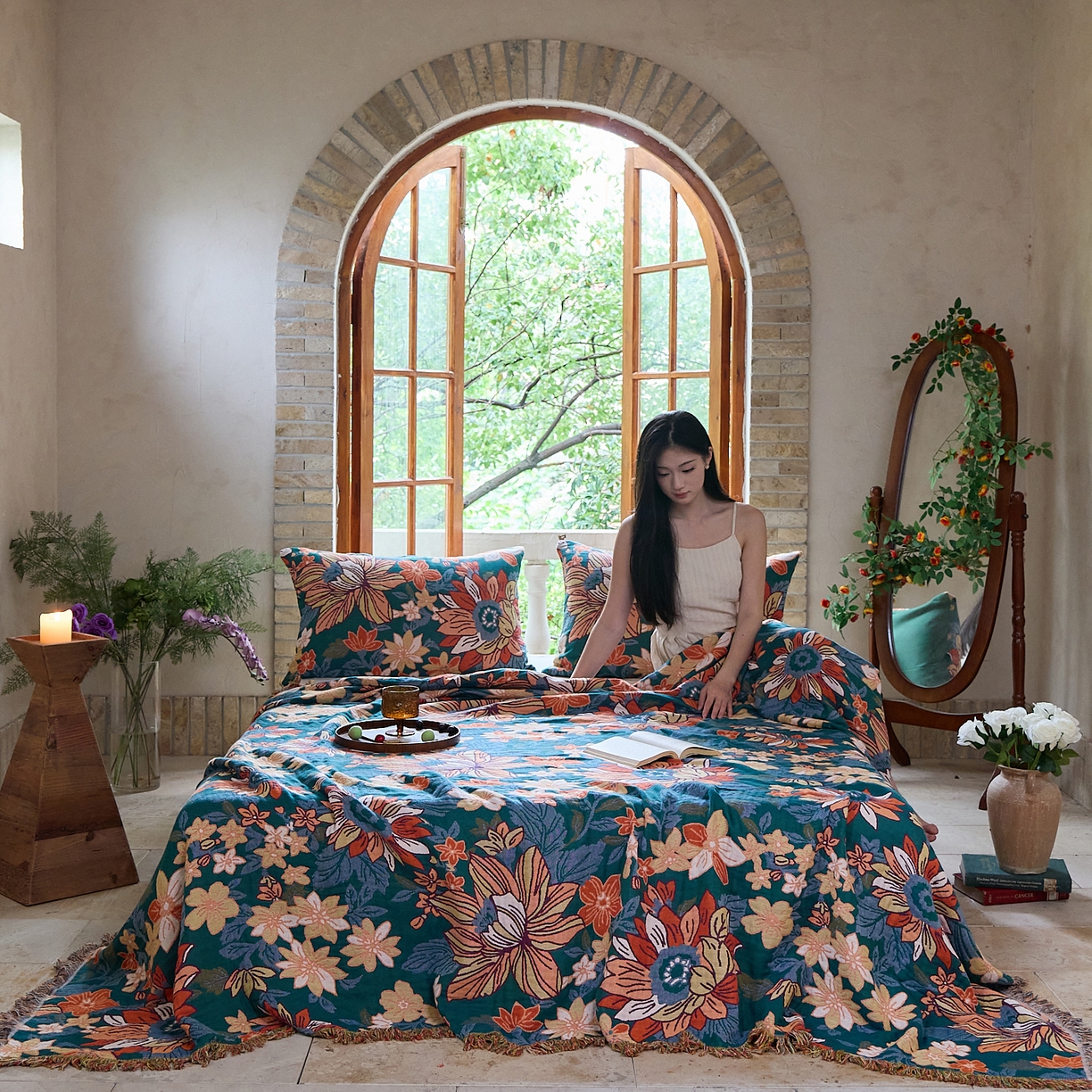 91家纺网 家纺一手货源 找家纺 沐瑟家纺 2025新款亲肤柔软全棉纱布中国风盖毯毯子 花想容