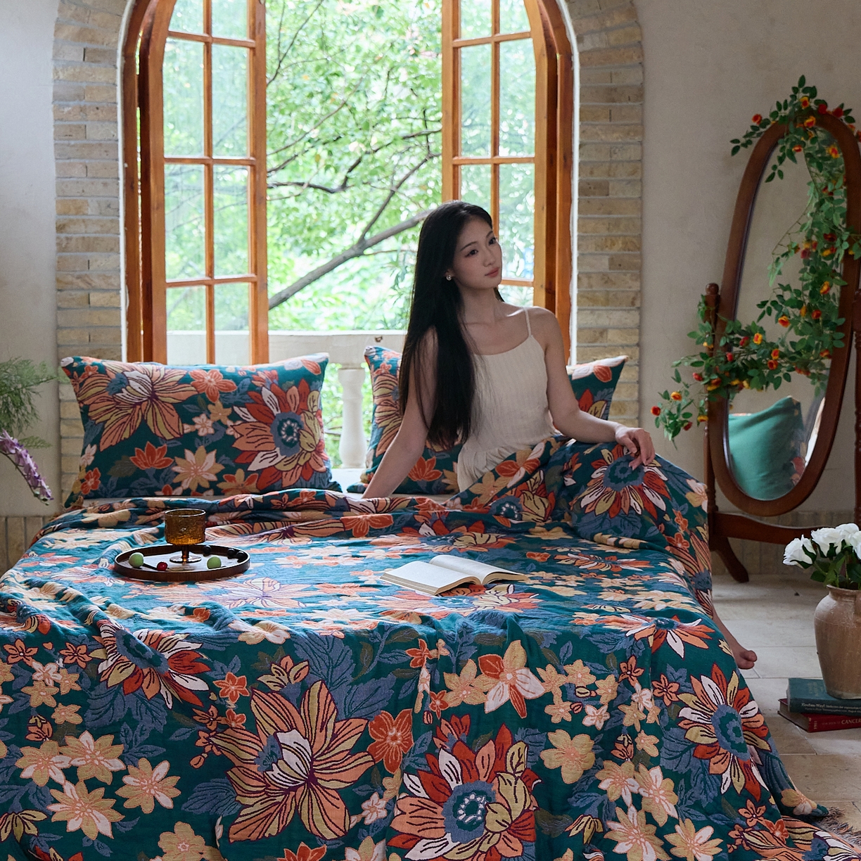 91家纺网 家纺一手货源 找家纺 沐瑟家纺 2025新款亲肤柔软全棉纱布中国风盖毯毯子 花想容