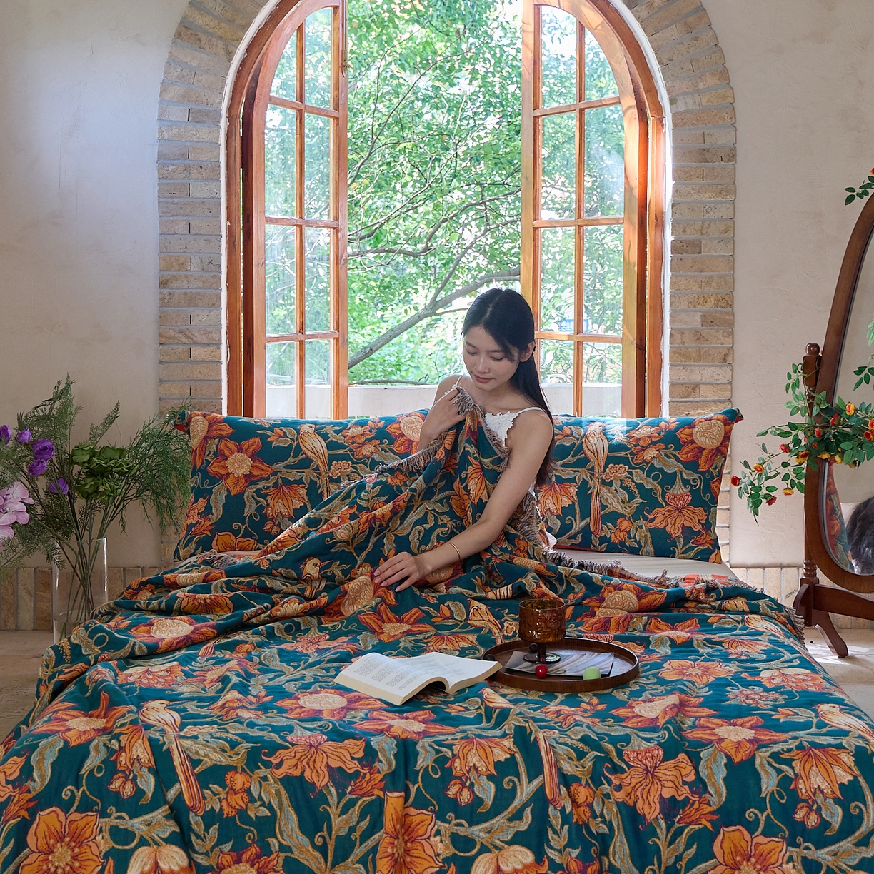 91家纺网 家纺一手货源 找家纺 沐瑟家纺 2025新款亲肤柔软全棉纱布中国风盖毯毯子 花鸟韵