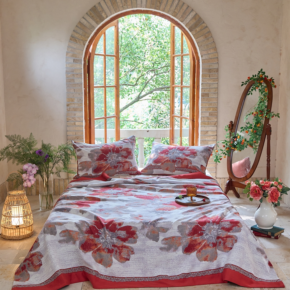 91家纺网 家纺一手货源 找家纺 沐瑟家纺 2025新款全棉纱布细纱布大床盖毯子床盖三件套LV系列 绽放-红色