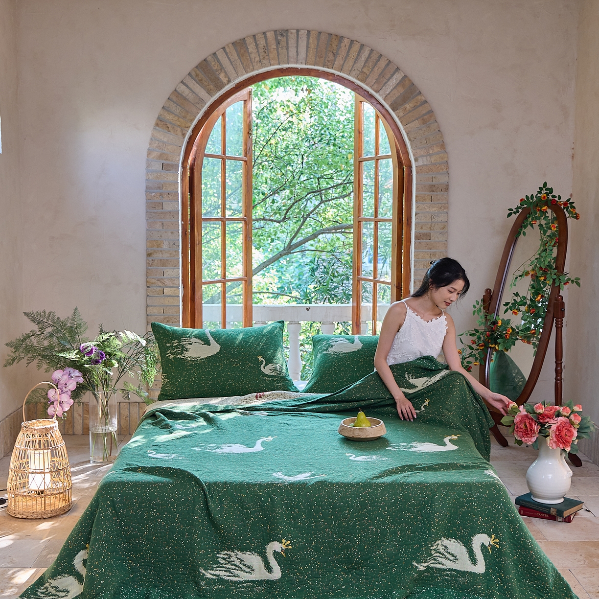 沐瑟家纺 2025新款全棉纱布细纱布大床盖毯子床盖三件套LV系列 小天鹅-绿