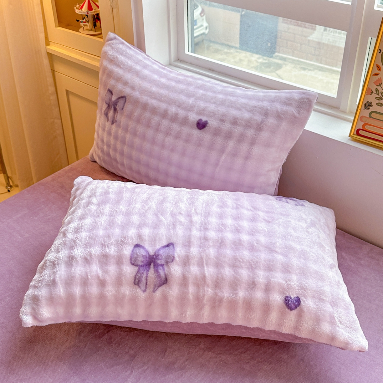 N先生+V 13814689556 发大图/买家秀 2025新款高克重牛奶绒泡泡单品枕套系列 蝴蝶结紫