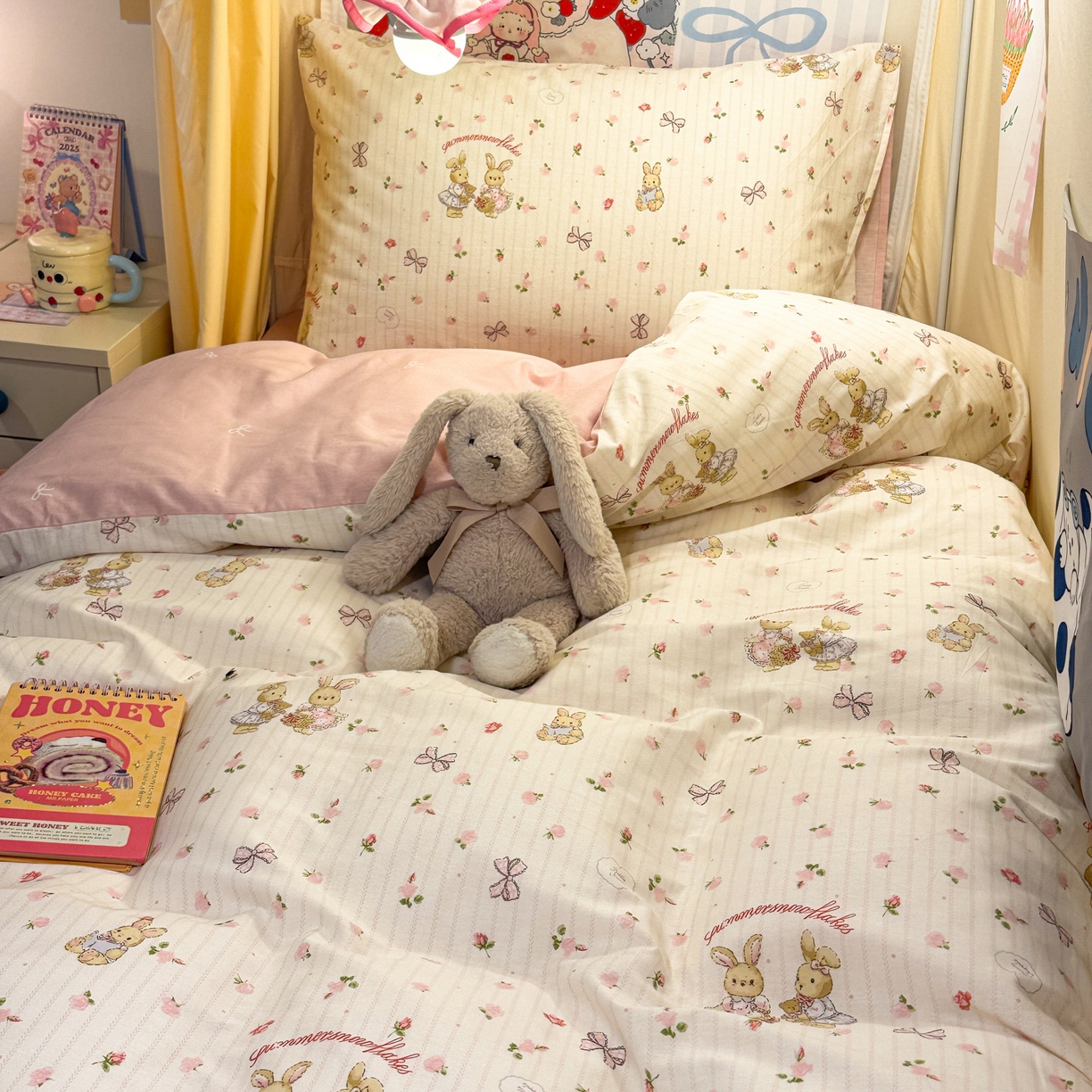 91家纺网 家纺一手货源 找家纺 简宜家居（朝初家纺） 2025新款全棉12868斜纹卡通花卉学生三件套四件套 粉红可爱兔