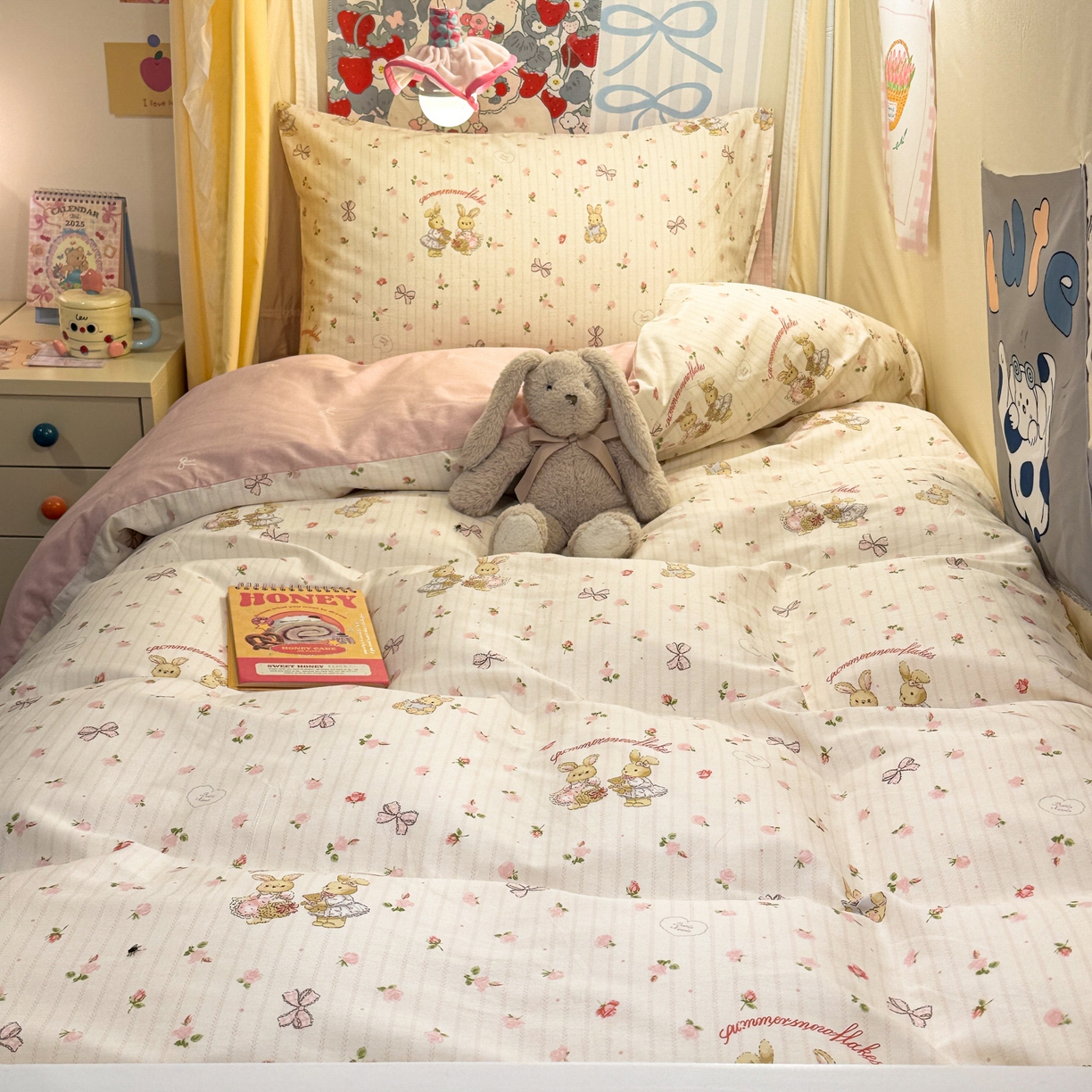 91家纺网 家纺一手货源 找家纺 简宜家居（朝初家纺） 2025新款全棉12868斜纹卡通花卉学生三件套四件套 粉红可爱兔