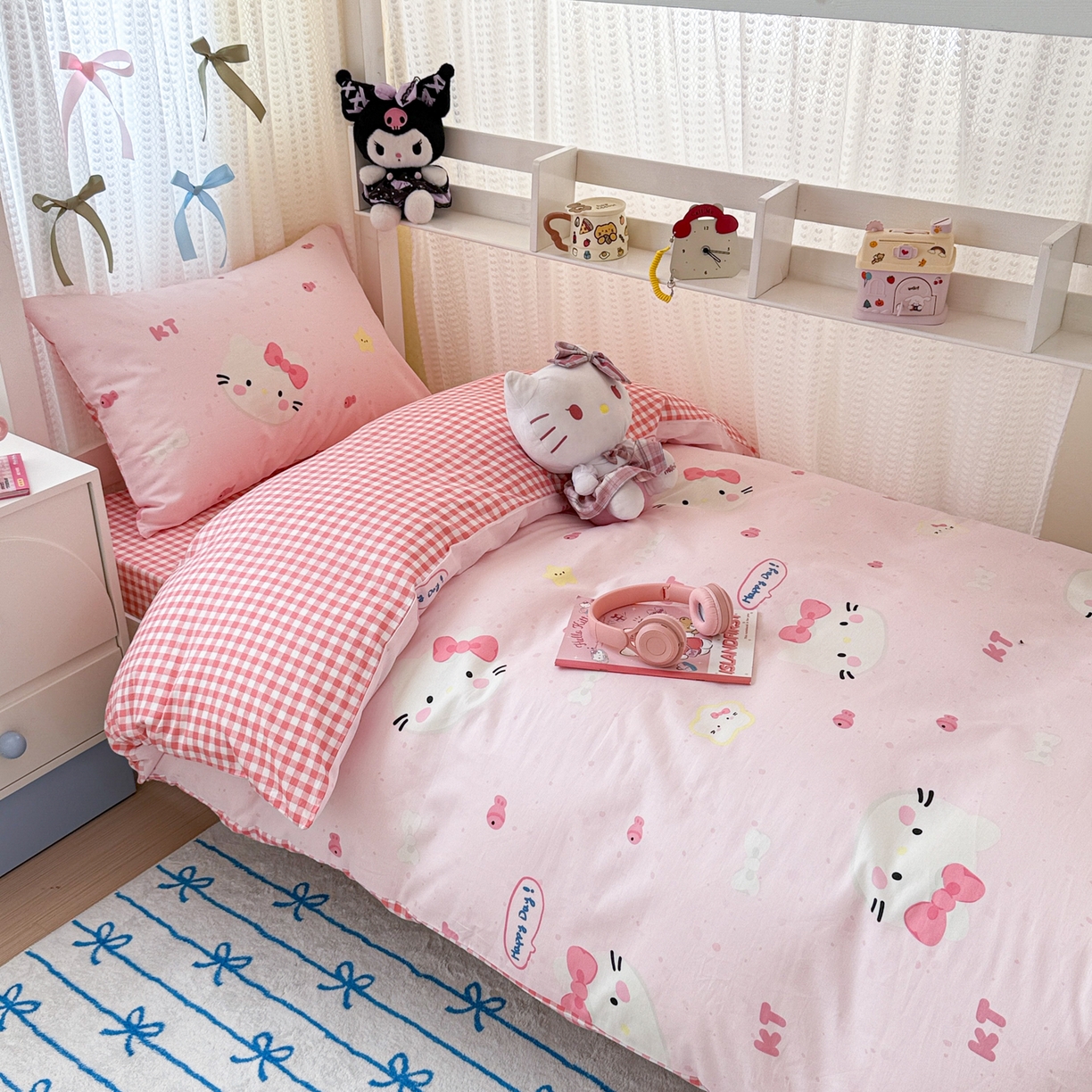 简宜家居（朝初家纺） 2025新款全棉12868斜纹卡通花卉学生三件套四件套 粉色猫-小格