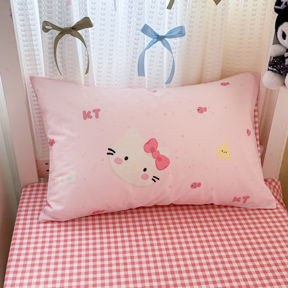 91家纺网 家纺一手货源 找家纺 简宜家居（朝初家纺） 2025新款全棉12868斜纹卡通花卉学生三件套四件套 粉色猫-小格