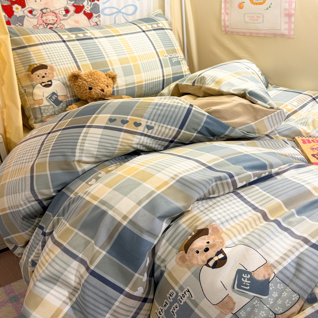 91家纺网 家纺一手货源 找家纺 简宜家居（朝初家纺） 2025新款全棉12868斜纹卡通花卉学生三件套四件套 简约-学院熊