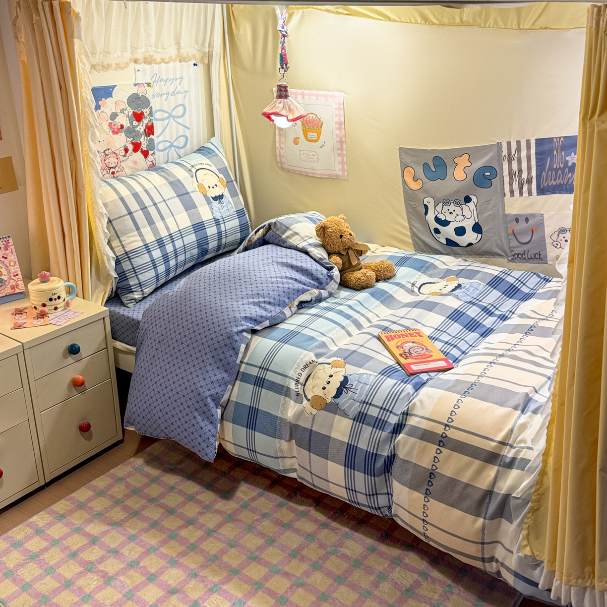 简宜家居（朝初家纺） 2025新款全棉12868斜纹卡通花卉学生三件套四件套 简约-音乐熊