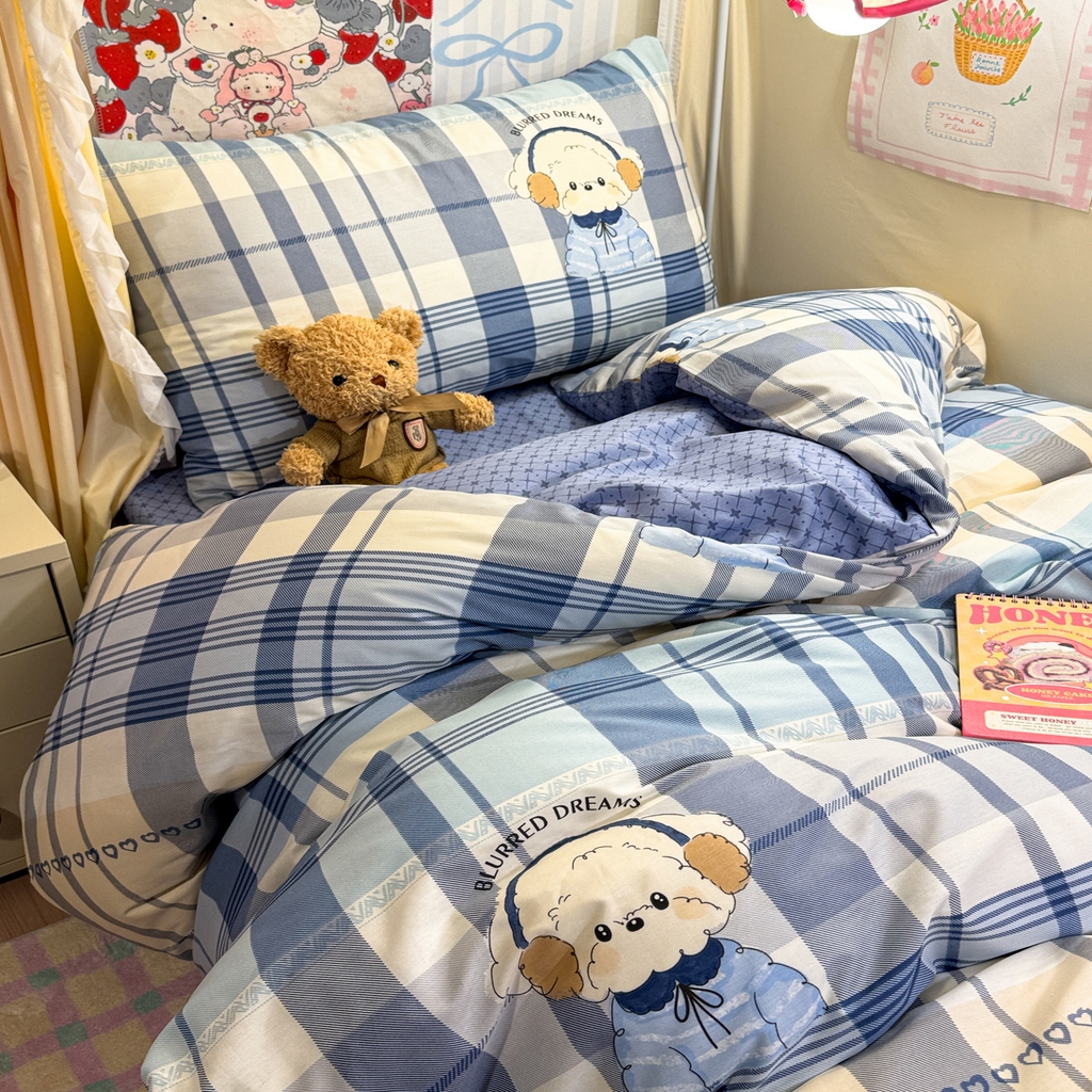 91家纺网 家纺一手货源 找家纺 简宜家居（朝初家纺） 2025新款全棉12868斜纹卡通花卉学生三件套四件套 简约-音乐熊