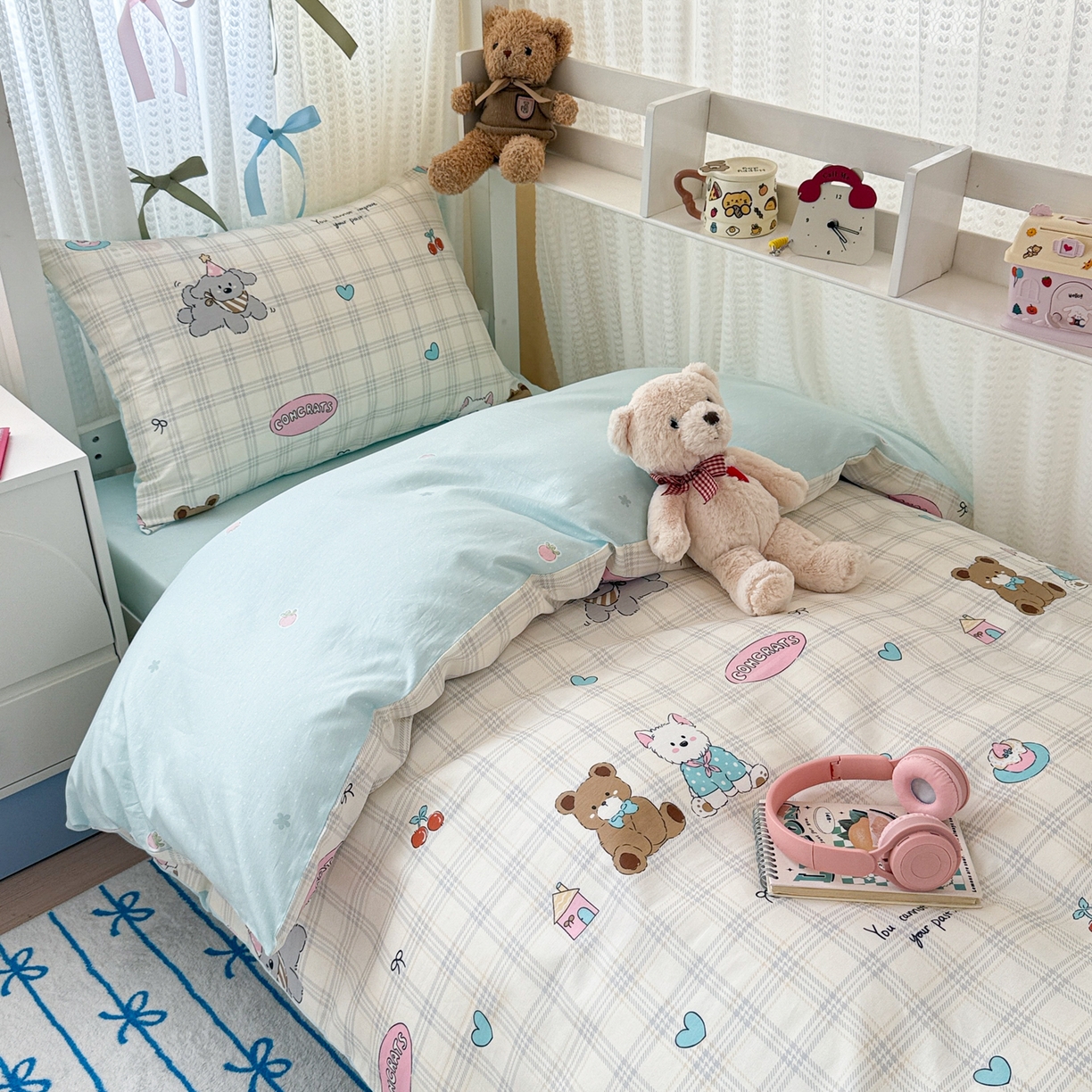 91家纺网 家纺一手货源 找家纺 简宜家居（朝初家纺） 2025新款全棉12868斜纹卡通花卉学生三件套四件套 萌宠格子铺