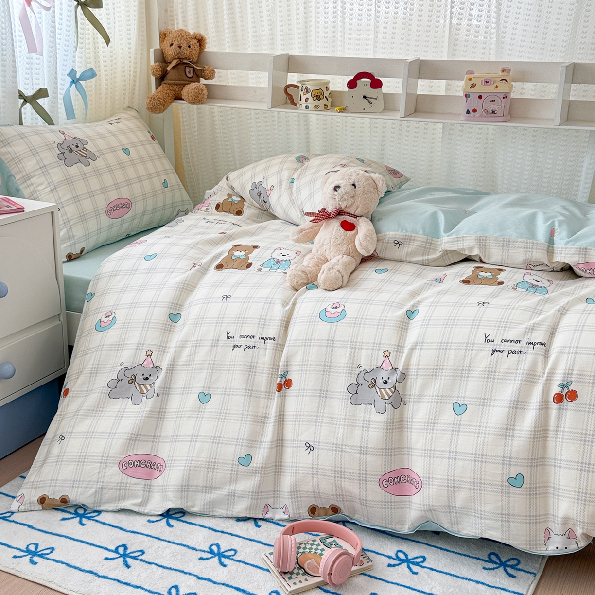 91家纺网 家纺一手货源 找家纺 简宜家居（朝初家纺） 2025新款全棉12868斜纹卡通花卉学生三件套四件套 萌宠格子铺