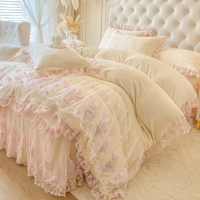 网红馆（ck家纺） 2025新款牛奶绒刺绣四件套-蝴蝶纷飞系列 蝴蝶纷飞-米