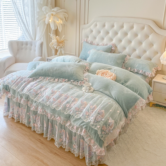 91家纺网 家纺一手货源 找家纺 网红馆（ck家纺） 2025新款牛奶绒刺绣四件套-蝴蝶纷飞系列 蝴蝶纷飞-绿