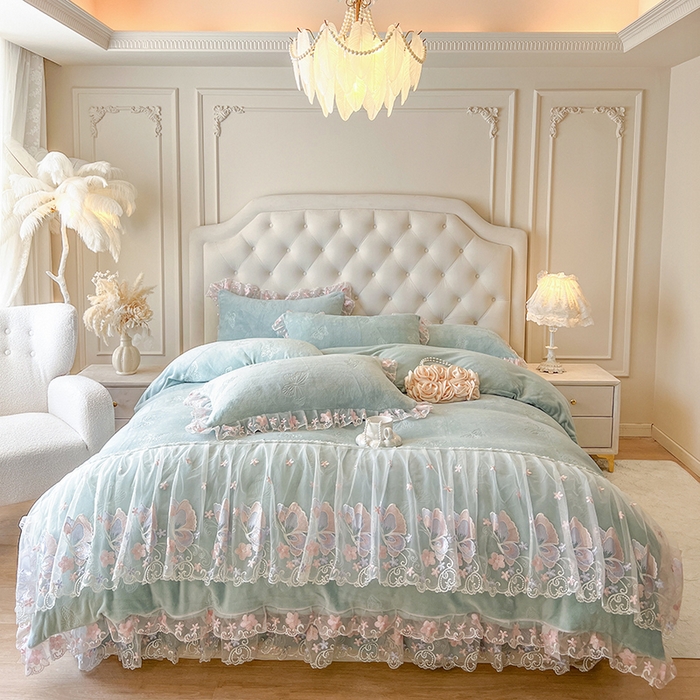 91家纺网 家纺一手货源 找家纺 网红馆（ck家纺） 2025新款牛奶绒刺绣四件套-蝴蝶纷飞系列 蝴蝶纷飞-绿