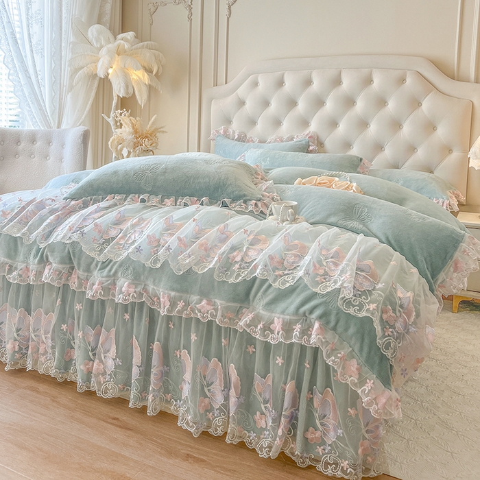 91家纺网 家纺一手货源 找家纺 网红馆（ck家纺） 2025新款牛奶绒刺绣四件套-蝴蝶纷飞系列 蝴蝶纷飞-绿