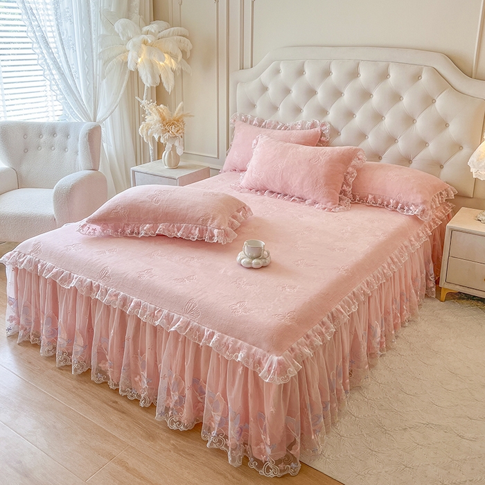 91家纺网 家纺一手货源 找家纺 （总）网红馆（ck家纺） 2025新款牛奶绒刺绣单床裙 床裙单件-蝴蝶纷飞系列