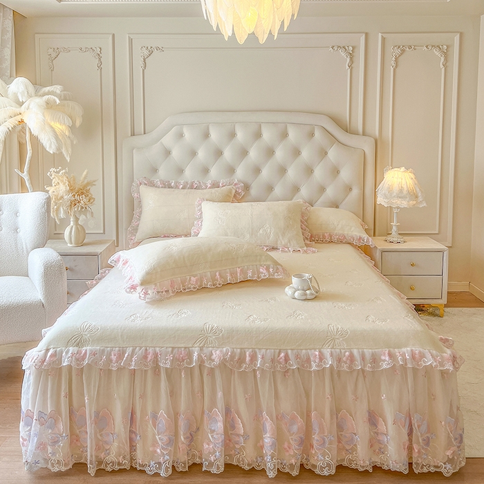 91家纺网 家纺一手货源 找家纺 （总）网红馆（ck家纺） 2025新款牛奶绒刺绣单床裙 床裙单件-蝴蝶纷飞系列