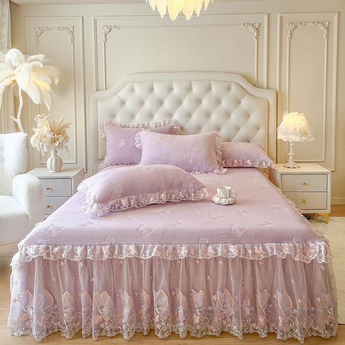 91家纺网 家纺一手货源 找家纺 网红馆（ck家纺） 2025新款牛奶绒刺绣单床裙 床裙单件-蝴蝶纷飞系列 蝴蝶纷飞-紫