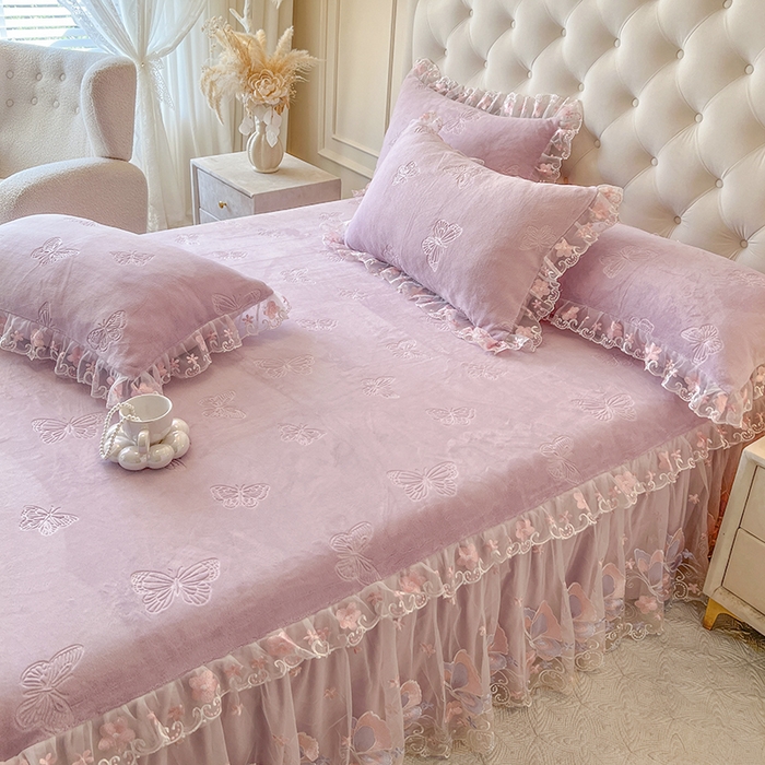 91家纺网 家纺一手货源 找家纺 网红馆（ck家纺） 2025新款牛奶绒刺绣单床裙 床裙单件-蝴蝶纷飞系列 蝴蝶纷飞-紫