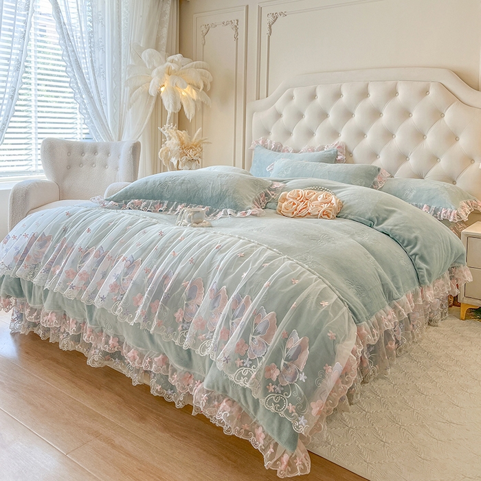 91家纺网 家纺一手货源 找家纺 网红馆（ck家纺） 2025新款牛奶绒刺绣单床裙 床裙单件-蝴蝶纷飞系列 蝴蝶纷飞-绿