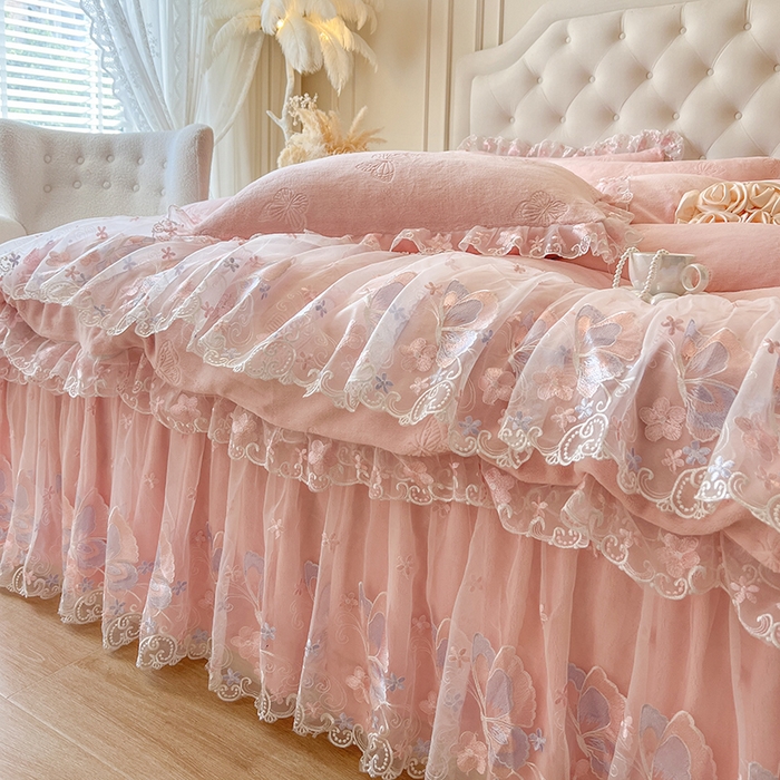 91家纺网 家纺一手货源 找家纺 （总）网红馆（ck家纺） 2025新款牛奶绒刺绣单床裙 床裙单件-蝴蝶纷飞系列