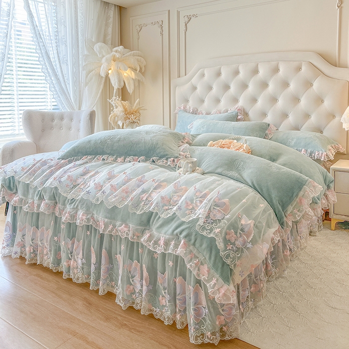 91家纺网 家纺一手货源 找家纺 网红馆（ck家纺） 2025新款牛奶绒刺绣单床裙 床裙单件-蝴蝶纷飞系列 蝴蝶纷飞-绿