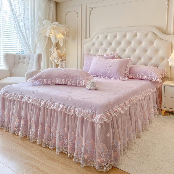 91家纺网 家纺一手货源 找家纺 网红馆（ck家纺） 2025新款牛奶绒刺绣单床裙 床裙单件-蝴蝶纷飞系列 蝴蝶纷飞-紫