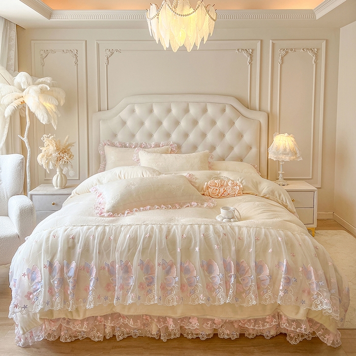 91家纺网 家纺一手货源 找家纺 网红馆（ck家纺） 2025新款牛奶绒刺绣单床裙 床裙单件-蝴蝶纷飞系列 蝴蝶纷飞-米