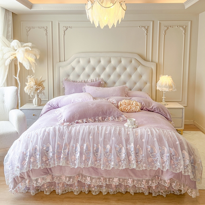 91家纺网 家纺一手货源 找家纺 网红馆（ck家纺） 2025新款牛奶绒刺绣单床裙 床裙单件-蝴蝶纷飞系列 蝴蝶纷飞-紫