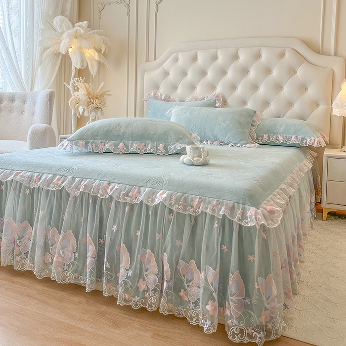 91家纺网 家纺一手货源 找家纺 网红馆（ck家纺） 2025新款牛奶绒刺绣单床裙 床裙单件-蝴蝶纷飞系列 蝴蝶纷飞-绿