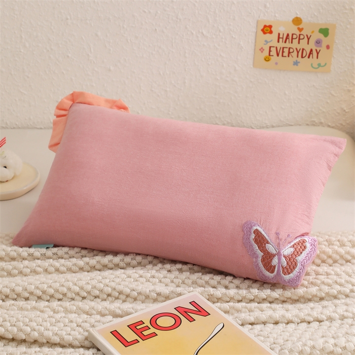 91家纺网 家纺一手货源 找家纺 大熊枕芯 2025新款水洗棉全棉刺绣儿童枕枕头枕芯 粉色-蝴蝶