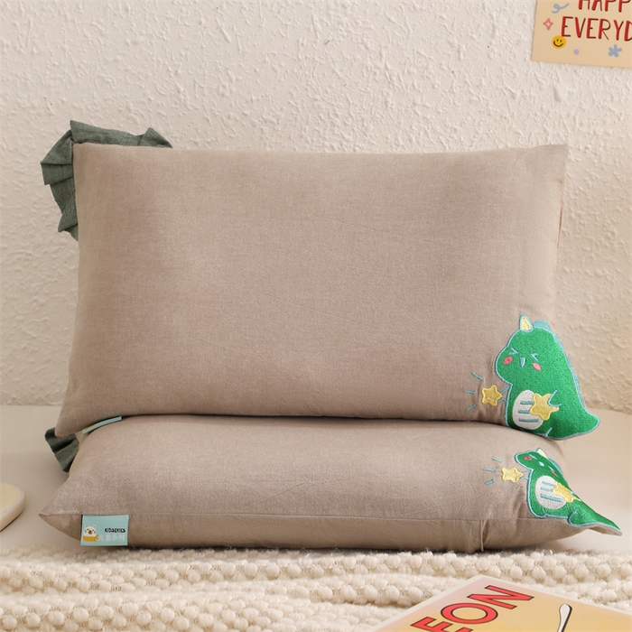 大熊枕芯 2025新款水洗棉全棉刺绣儿童枕枕头枕芯 咖色-恐龙