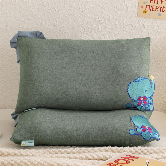 大熊枕芯 2025新款水洗棉全棉刺绣儿童枕枕头枕芯 墨绿-小熊