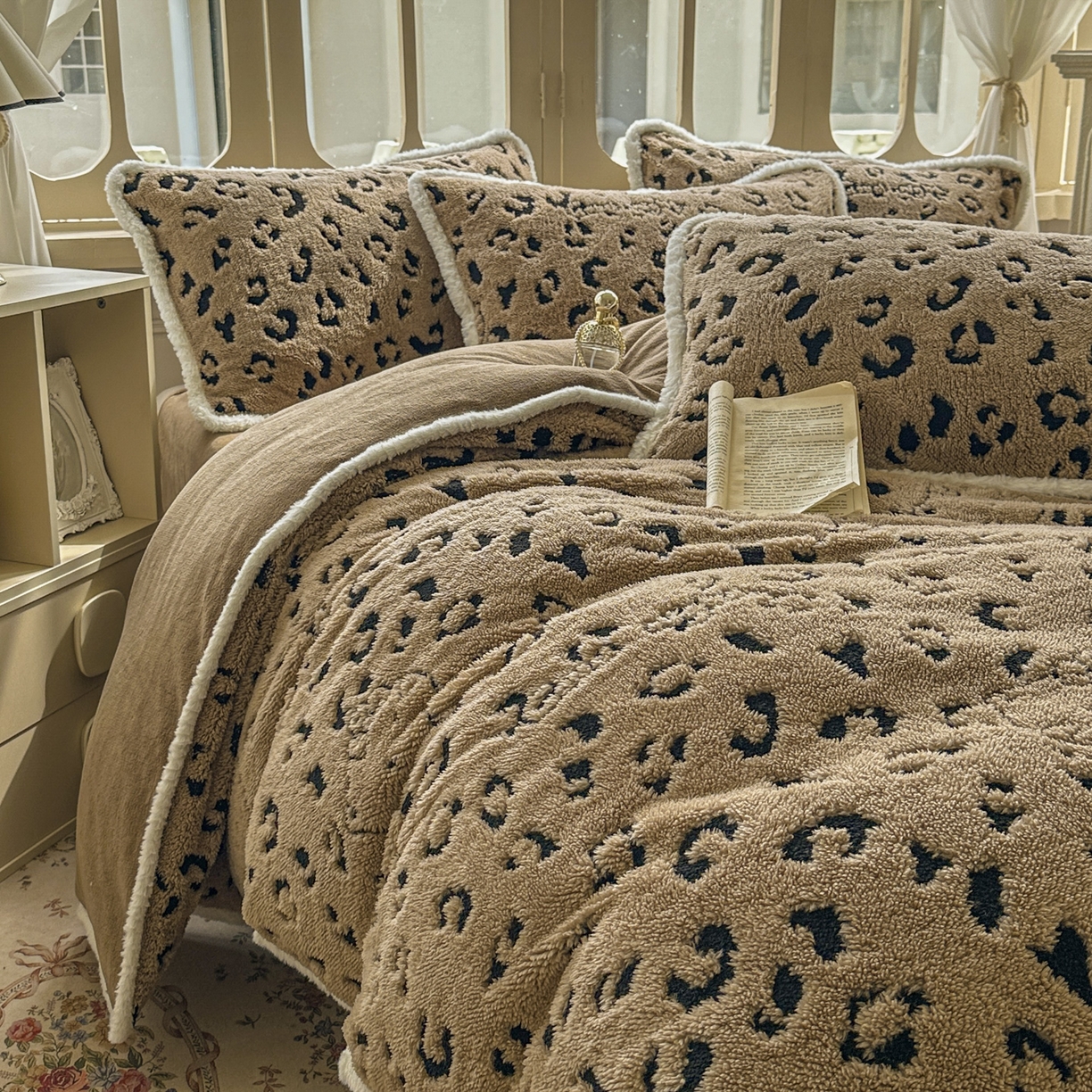 91家纺网 家纺一手货源 找家纺 新印象 2025新款阳离子绒牛奶绒保暖四件套 包边款阳离子绒-斑豹驼