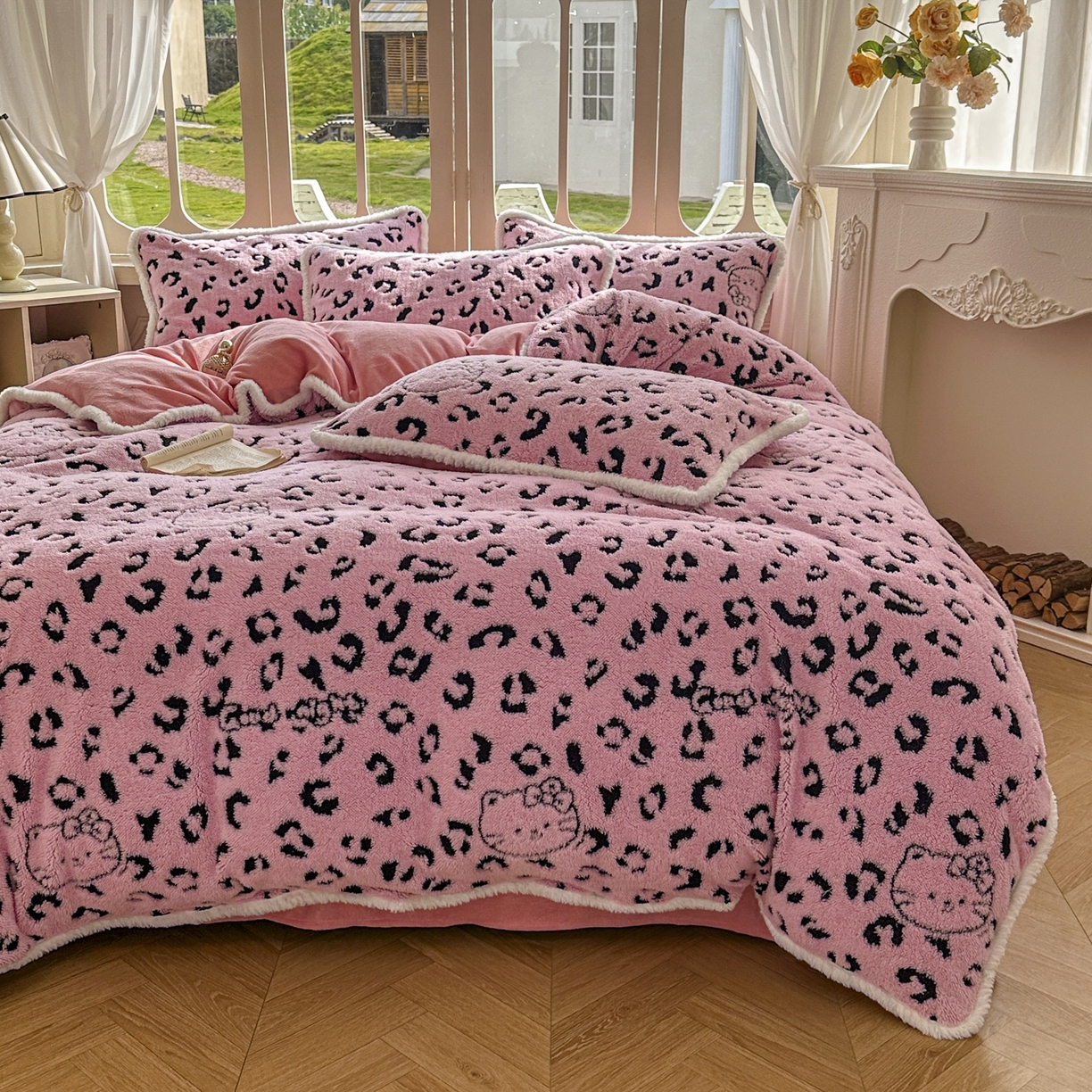 91家纺网 家纺一手货源 找家纺 新印象 2025新款阳离子绒牛奶绒保暖四件套 包边款阳离子绒-斑豹粉