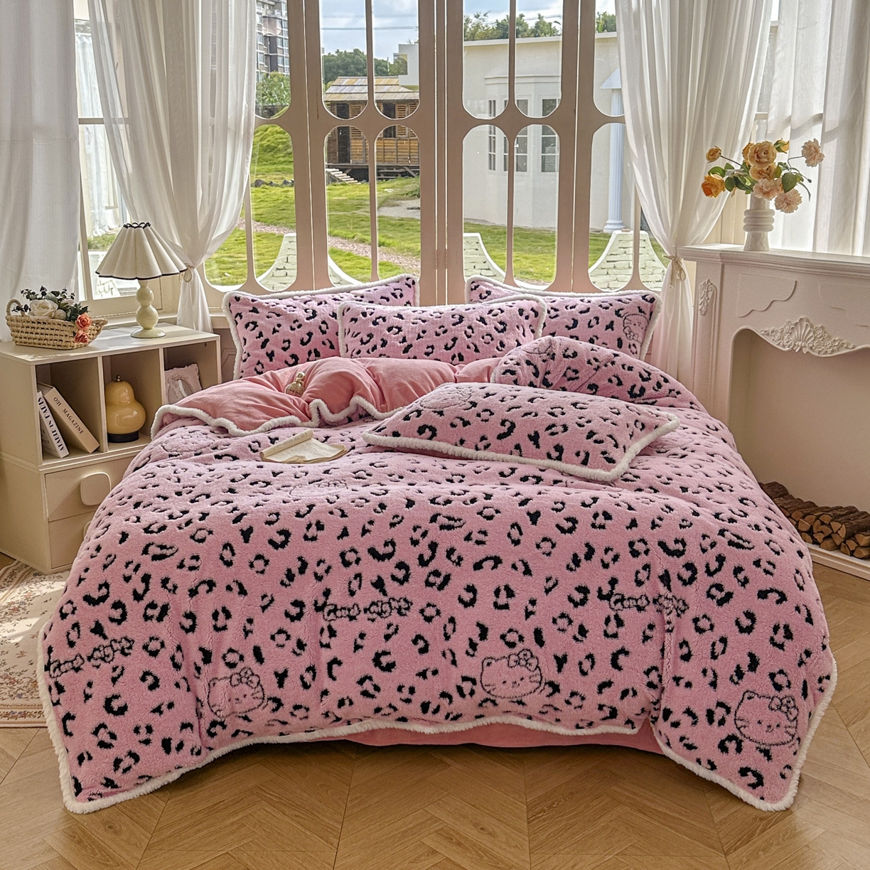 91家纺网 家纺一手货源 找家纺 新印象 2025新款阳离子绒牛奶绒保暖四件套 包边款阳离子绒-斑豹粉