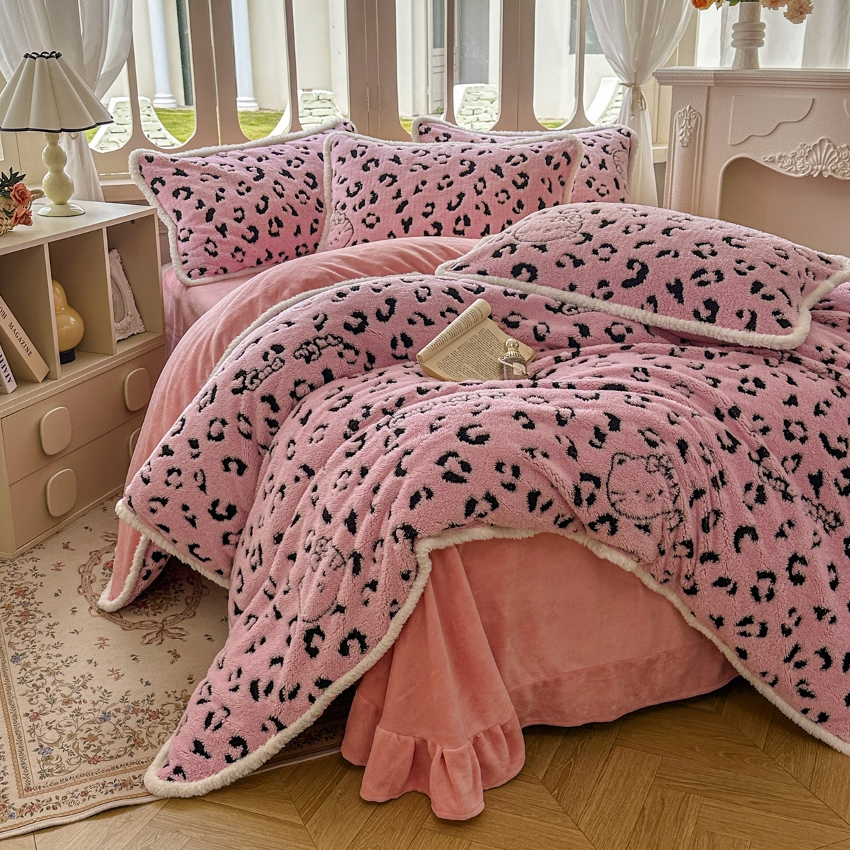 91家纺网 家纺一手货源 找家纺 新印象 2025新款阳离子绒牛奶绒保暖四件套 包边款阳离子绒-斑豹粉