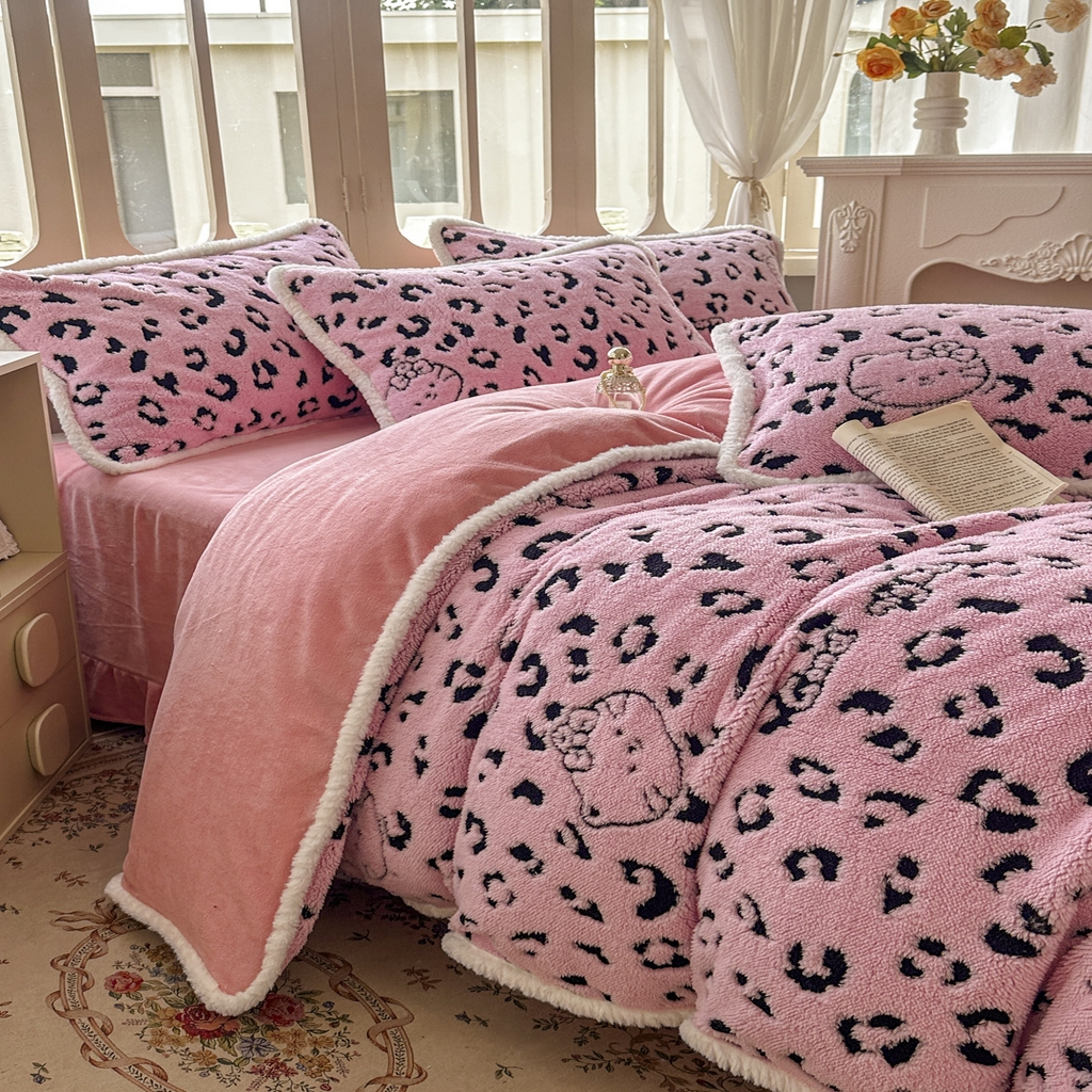 91家纺网 家纺一手货源 找家纺 新印象 2025新款阳离子绒牛奶绒保暖四件套 包边款阳离子绒-斑豹粉