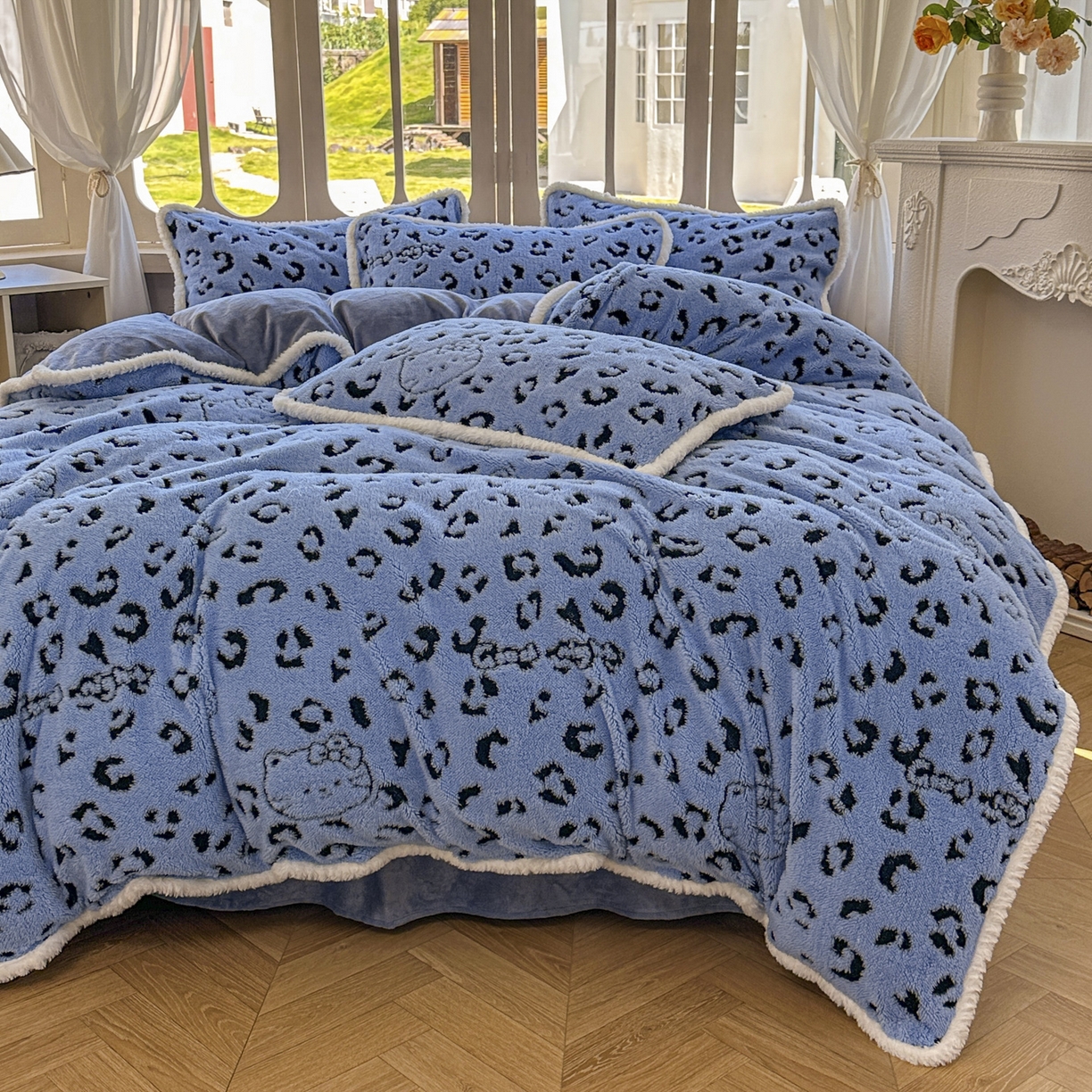 91家纺网 家纺一手货源 找家纺 新印象 2025新款阳离子绒牛奶绒保暖四件套 包边款阳离子绒-斑豹蓝