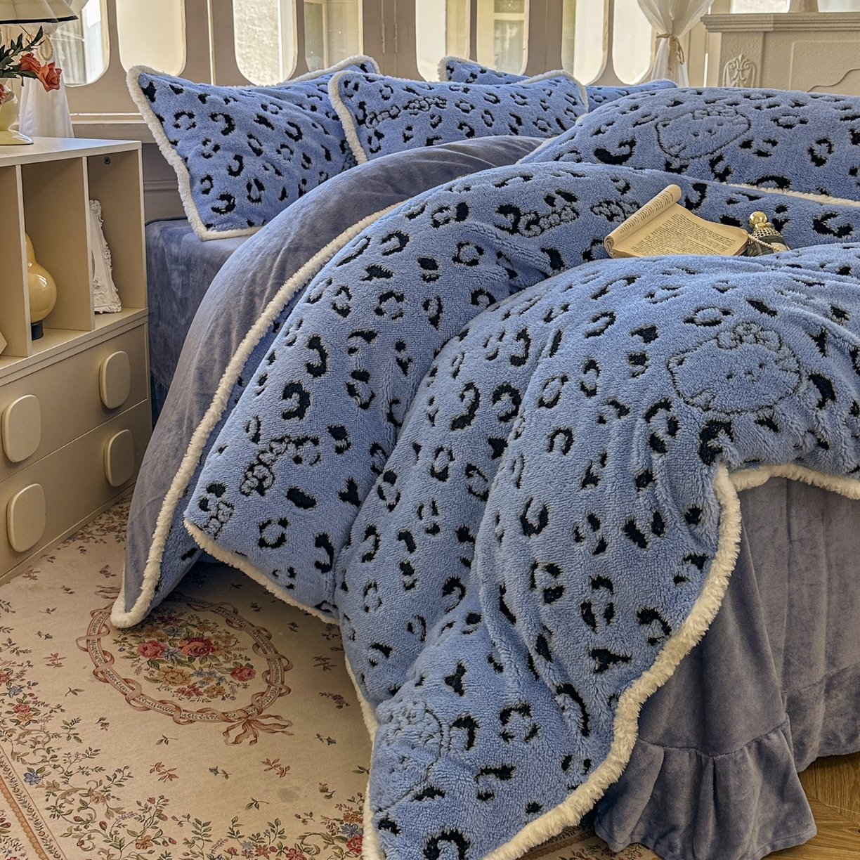 91家纺网 家纺一手货源 找家纺 新印象 2025新款阳离子绒牛奶绒保暖四件套 包边款阳离子绒-斑豹蓝