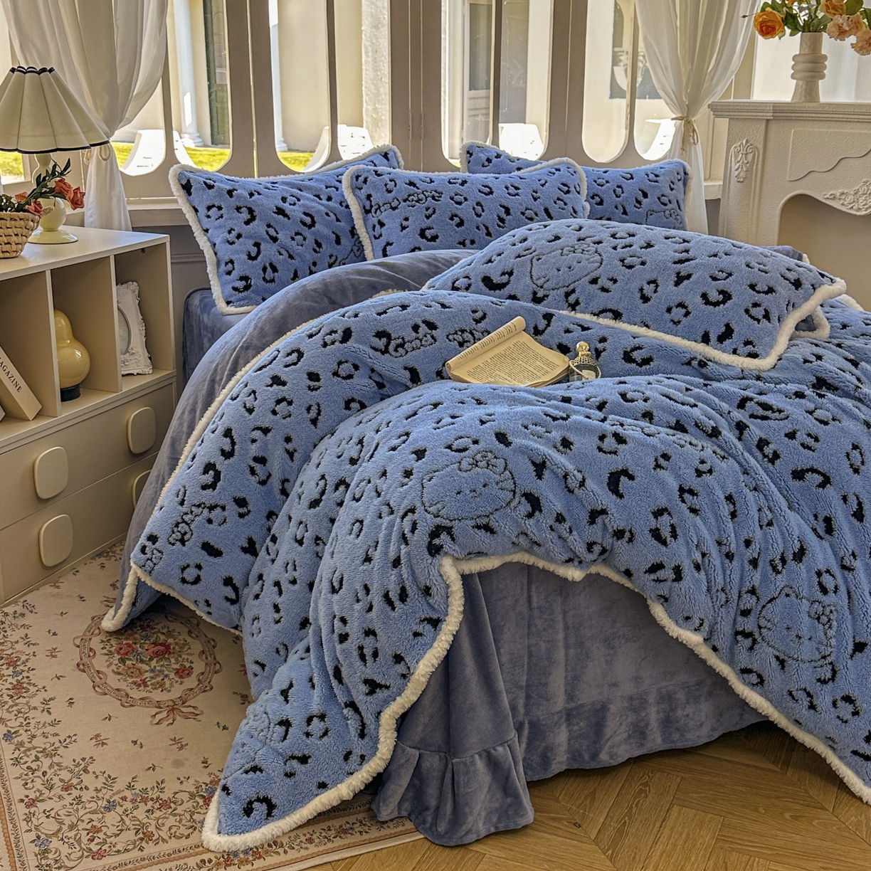 91家纺网 家纺一手货源 找家纺 新印象 2025新款阳离子绒牛奶绒保暖四件套 包边款阳离子绒-斑豹蓝