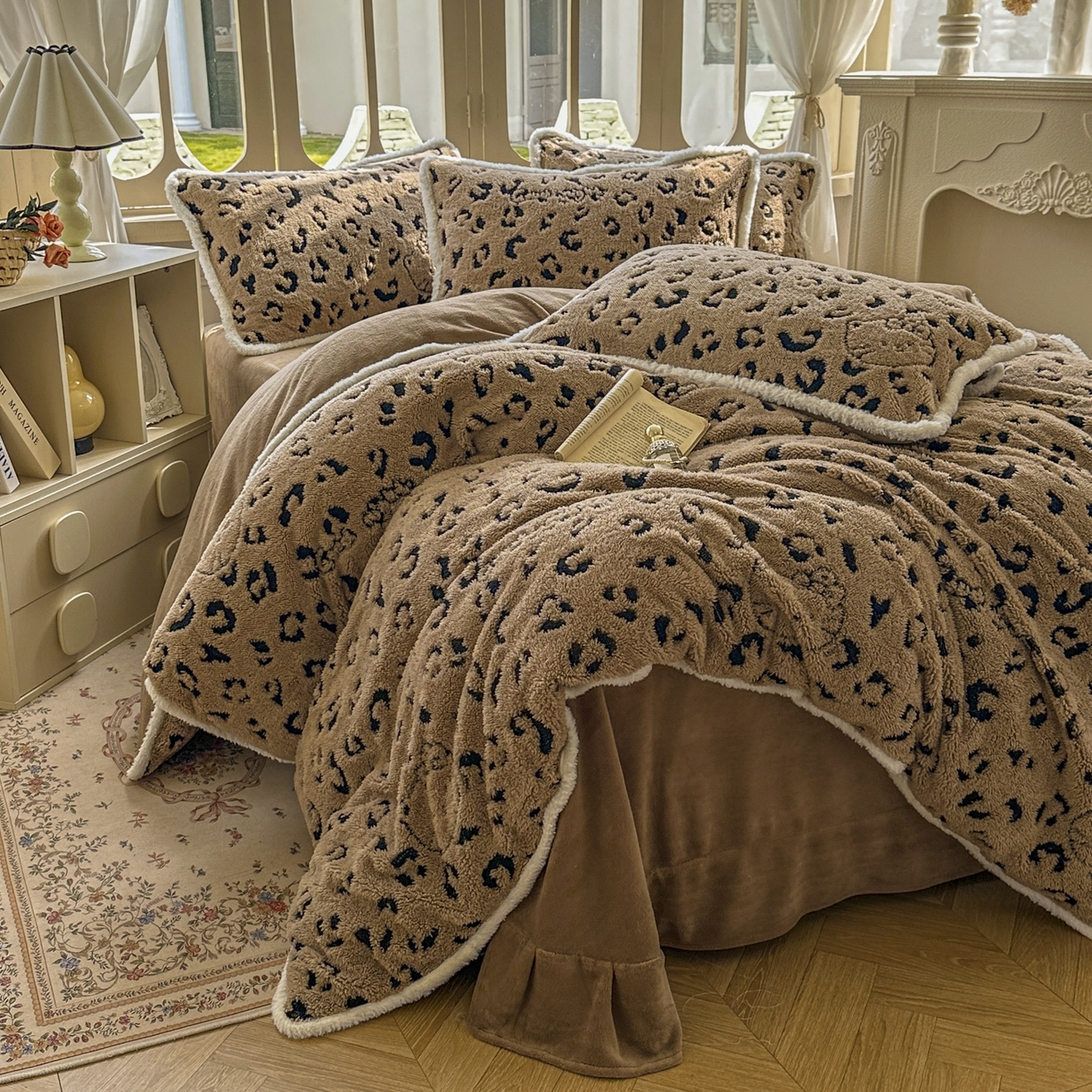 91家纺网 家纺一手货源 找家纺 新印象 2025新款阳离子绒牛奶绒保暖四件套 包边款阳离子绒-斑豹驼