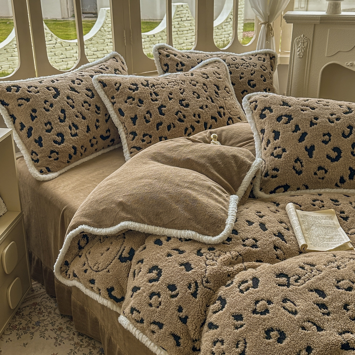 91家纺网 家纺一手货源 找家纺 新印象 2025新款阳离子绒牛奶绒保暖四件套 包边款阳离子绒-斑豹驼