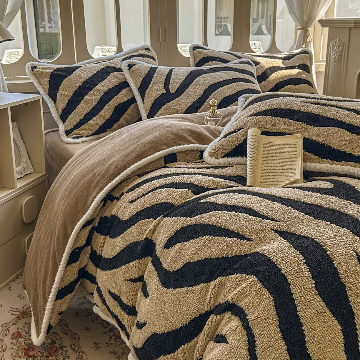 91家纺网 家纺一手货源 找家纺 新印象 2025新款阳离子绒牛奶绒保暖四件套 包边款阳离子绒-斑马纹